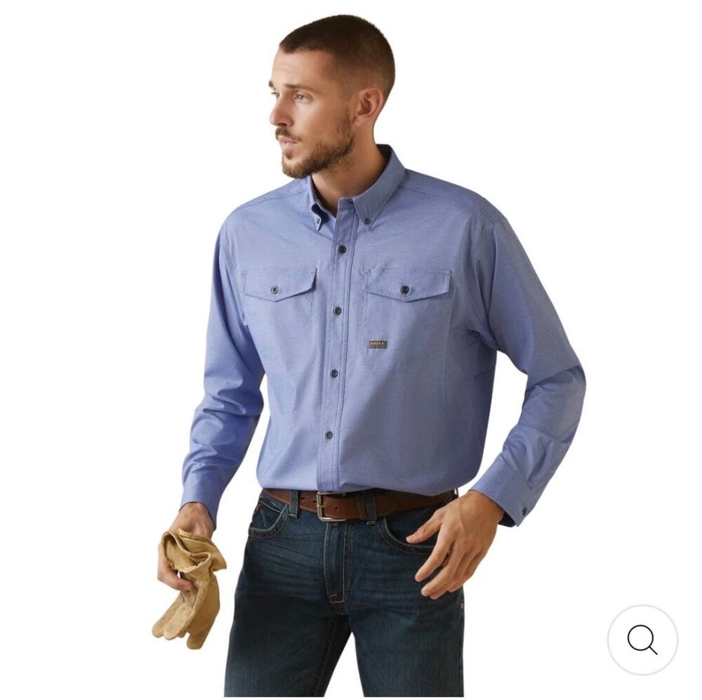 Ariat Men's Rebar Shirt M Blue Button-Down Workwear Rip Stop Utility VentTek EUC